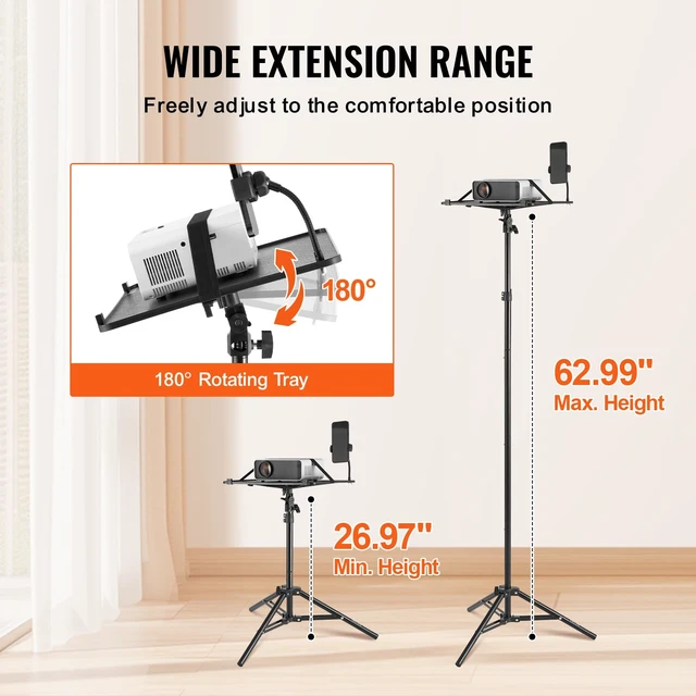 Alt view image 3 of 7 - Projector Stand, Laptop Stand Tripod Adjustable Height 26.97 to 63 in, Portable Projector Tripod with Tray & Gooseneck Phone Holder, for Outdoor Movies, Home, Office, Stage or Studio