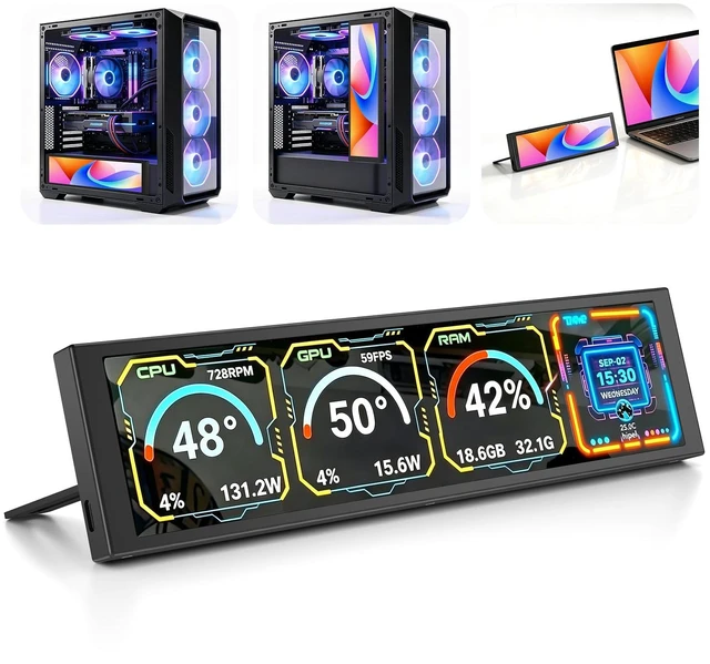 Main image of 9.2 Inch USB PC Secondary Screen, 1920x462 Ultra-Wide IPS Display, Computer CPU GPU RAM Hardware Monitor, Custom Dynamic Themes & Extended Screen Mode, DIY PC Case Panel