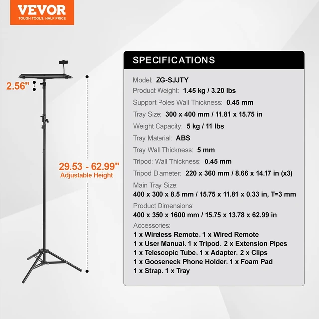 Alt view image 7 of 7 - Projector Stand, Laptop Stand Tripod Adjustable Height 26.97 to 63 in, Portable Projector Tripod with Tray & Gooseneck Phone Holder, for Outdoor Movies, Home, Office, Stage or Studio