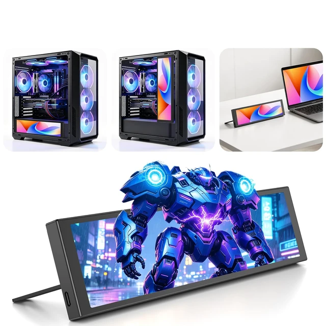Alt view image 2 of 7 - 9.2 Inch USB PC Secondary Screen, 1920x462 Ultra-Wide IPS Display, Computer CPU GPU RAM Hardware Monitor, Custom Dynamic Themes & Extended Screen Mode, DIY PC Case Panel