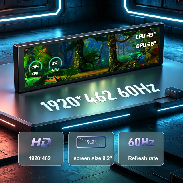 Alt view image 3 of 7 - 9.2 Inch USB PC Secondary Screen, 1920x462 Ultra-Wide IPS Display, Computer CPU GPU RAM Hardware Monitor, Custom Dynamic Themes & Extended Screen Mode, DIY PC Case Panel