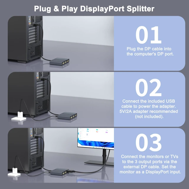 Alt view image 6 of 7 - DisplayPort Splitter for 3 Monitors Extended Display, 4K@60Hz DisplayPort MST Hub 1 IN 3 OUT, Display Port to Display Port Adapter, DP to DP Multi Monitor Splitter for PC/NVIDIA/AMD Graphic Card
