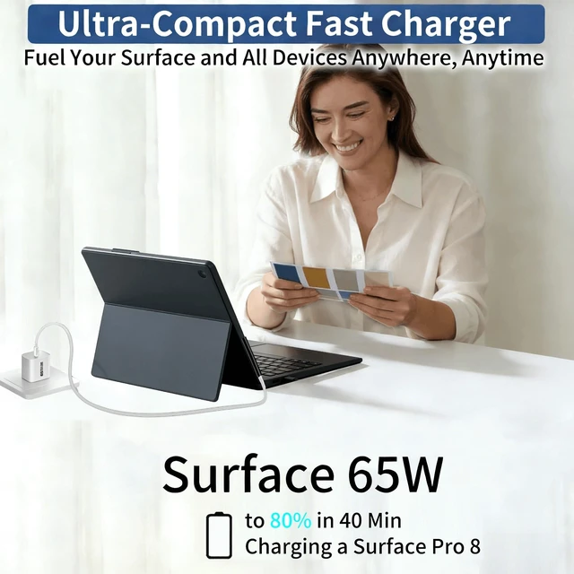 Alt view image 5 of 7 - 65W Surface Pro Charger Compatible with Microsoft Surface Pro 12/11/10/9/8 Surface Pro 7/6/5/4/3/X/Laptop/Table/Book, 65W USB C Charger,6.5FT USB C Cable and Surface Connector Included