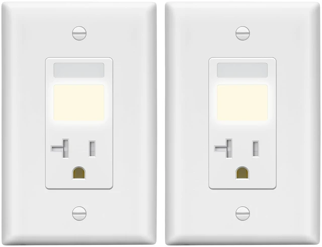 Main image of 20A Outlet, LED, Motion Sensor, PIR Guide Light Receptacle, 2-Pack Matte White, Adjustable Time Delay, Tamper-Resistant, Wall Plate Included, UL Listed, Thermoplastic, Daylight Sensor