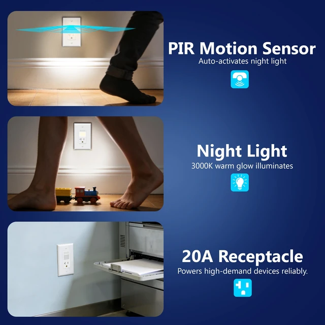 Alt view image 3 of 7 - 20A Outlet, LED, Motion Sensor, PIR Guide Light Receptacle, 2-Pack Matte White, Adjustable Time Delay, Tamper-Resistant, Wall Plate Included, UL Listed, Thermoplastic, Daylight Sensor