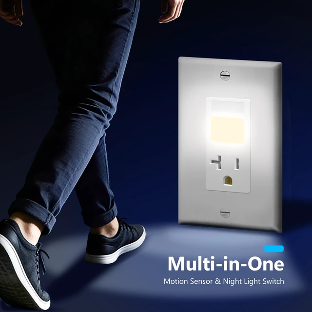Alt view image 6 of 7 - 20A Outlet, LED, Motion Sensor, PIR Guide Light Receptacle, 2-Pack Matte White, Adjustable Time Delay, Tamper-Resistant, Wall Plate Included, UL Listed, Thermoplastic, Daylight Sensor