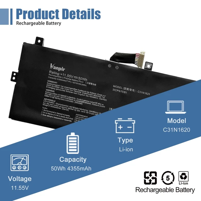Alt view image 3 of 7 - C31N1620 Laptop Battery Replacement for Asus Zenbook U4100U U4100UQ UX430U UX430UQ UX430UQ-GV015T Series 0B200-02370000 C31PoJH 31CP5/70/81 11.55V 50Wh 4335mAh