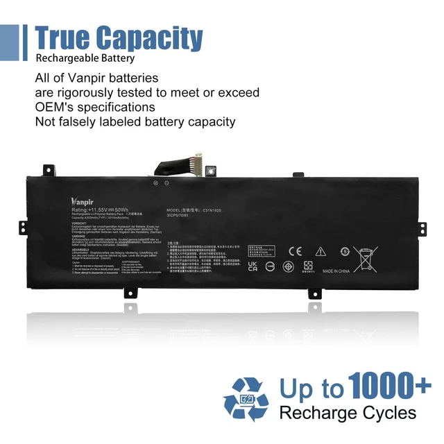 Alt view image 6 of 7 - C31N1620 Laptop Battery Replacement for Asus Zenbook U4100U U4100UQ UX430U UX430UQ UX430UQ-GV015T Series 0B200-02370000 C31PoJH 31CP5/70/81 11.55V 50Wh 4335mAh