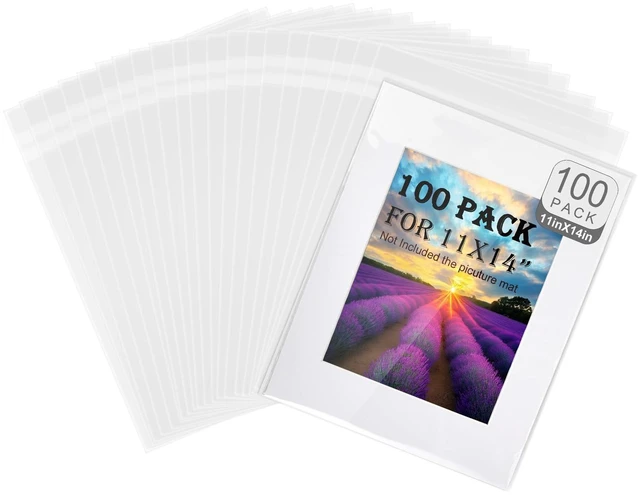 Main image of 100 Pack Acid-Free Crystal Clear Sleeves Storage Bags for 11x14 Art Prints/Framing Mat Mattes/Photos/Pictures,11 1/4 X 14 3/8 OPP Plastic Bag (Bag Size: 11 1/4 X 14 3/8)
