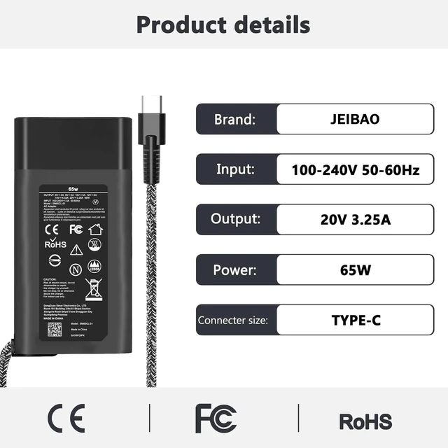 Alt view image 2 of 7 - Slim 65W USB C Laptop Charger Compatible with HP Chromebook X360, Envy, Elitebook, Spectre X360, Elitebook/Chromebook/Elite x2/Envy/ProBook Travel Type C Power Cord Supply