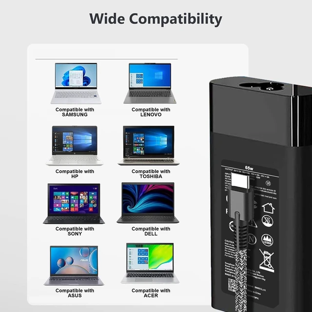 Alt view image 7 of 7 - Slim 65W USB C Laptop Charger Compatible with HP Chromebook X360, Envy, Elitebook, Spectre X360, Elitebook/Chromebook/Elite x2/Envy/ProBook Travel Type C Power Cord Supply