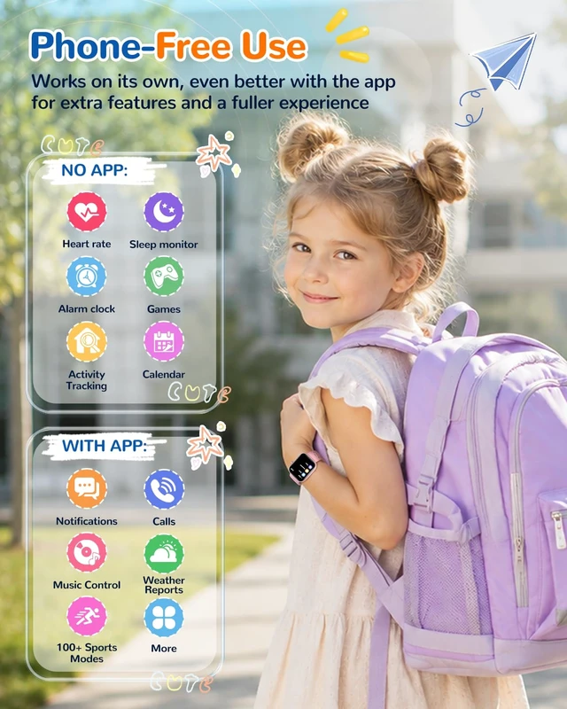 Alt view image 2 of 7 - Kids Smart Watch No Phone Needed, Fitness Tracker Puzzle Game Watch Pink Pedometer, Heart Rate, Sleep Monitor, 100+sprots modes IP68 Waterproof,Alarm Clock Gift for Boys Girls 5-16