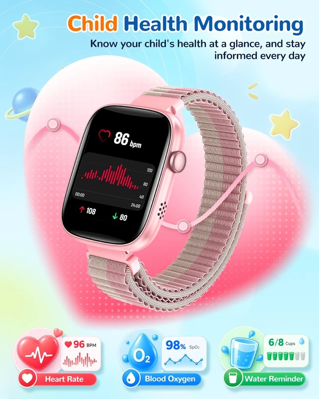 Alt view image 4 of 7 - Kids Smart Watch No Phone Needed, Fitness Tracker Puzzle Game Watch Pink Pedometer, Heart Rate, Sleep Monitor, 100+sprots modes IP68 Waterproof,Alarm Clock Gift for Boys Girls 5-16