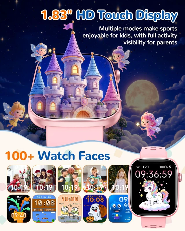 Alt view image 7 of 7 - Kids Smart Watch No Phone Needed, Fitness Tracker Puzzle Game Watch Pink Pedometer, Heart Rate, Sleep Monitor, 100+sprots modes IP68 Waterproof,Alarm Clock Gift for Boys Girls 5-16