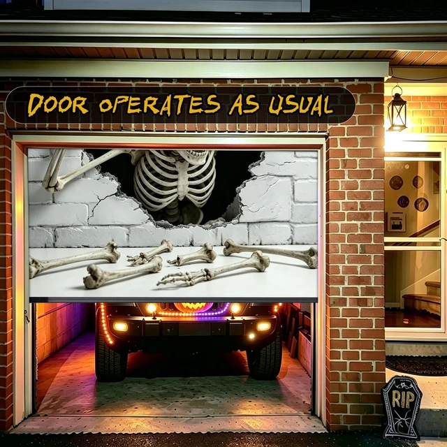 Alt view image 5 of 7 - 7 x 8 ft Halloween Garage Door Cover Spooky Design Cover for one-car Garage Halloween Garage Door Decorations 8x7 ft Banner Backdrop, Easy Installation, for Home Outdoor Indoor Spooky Party Wall