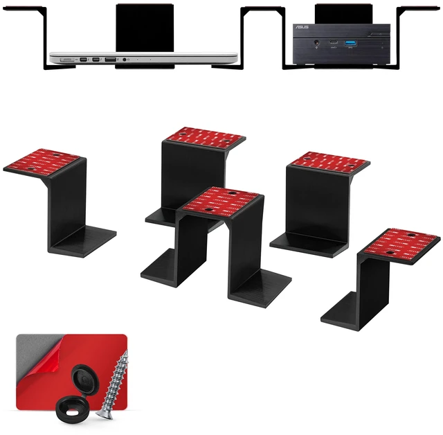 Main image of Twin Under Desk Laptop & Device Holder Mount, Adhesive & Screw in, Devices Upto 3" Like Small Computers Laptops MacBook Surface Keyboard Routers Modems Cable Box Network Switch & More