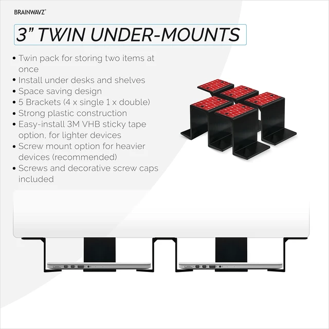 Alt view image 3 of 7 - Twin Under Desk Laptop & Device Holder Mount, Adhesive & Screw in, Devices Upto 3" Like Small Computers Laptops MacBook Surface Keyboard Routers Modems Cable Box Network Switch & More