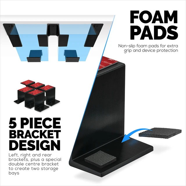 Alt view image 4 of 7 - Twin Under Desk Laptop & Device Holder Mount, Adhesive & Screw in, Devices Upto 3" Like Small Computers Laptops MacBook Surface Keyboard Routers Modems Cable Box Network Switch & More