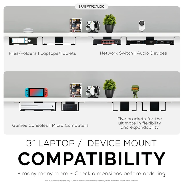 Alt view image 6 of 7 - Twin Under Desk Laptop & Device Holder Mount, Adhesive & Screw in, Devices Upto 3" Like Small Computers Laptops MacBook Surface Keyboard Routers Modems Cable Box Network Switch & More