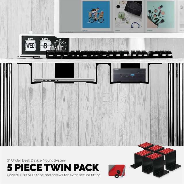 Alt view image 7 of 7 - Twin Under Desk Laptop & Device Holder Mount, Adhesive & Screw in, Devices Upto 3" Like Small Computers Laptops MacBook Surface Keyboard Routers Modems Cable Box Network Switch & More