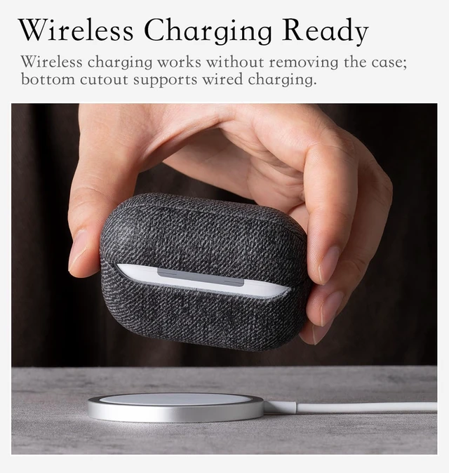 Alt view image 5 of 6 - Envelop Series -Hard Case for AirPods Pro 3 - Charcoal Gray Hand-crafted Case Fully Wrapped in Faux Leather; Woolen Fabric Finish; Soft Microfiber Inner Lining; Qi wireless charging