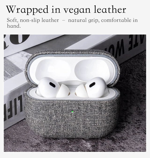 Alt view image 3 of 6 - Envelop Series -Hard Case for AirPods Pro 3rd Generation - Gray Hand-crafted Case Fully Wrapped in Faux Leather; Canvas Finish; Soft Microfiber Inner Lining; Qi wireless charging