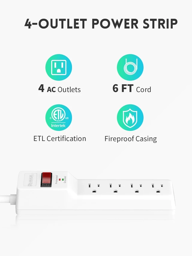 Alt view image 2 of 7 - Power Strip Surge Protector 6FT 6 Outlets, 980 Joules, Flat Plug Extension Cord with Multiple Outlets, ETL Listed, 14AWG Heavy Duty, Wall Mountable, White