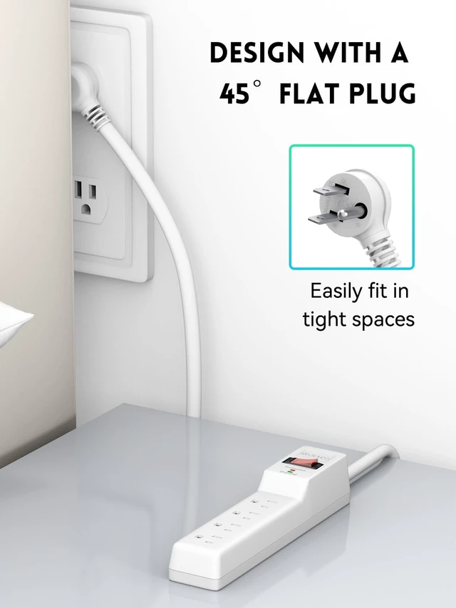 Alt view image 5 of 7 - Power Strip Surge Protector 6FT 6 Outlets, 980 Joules, Flat Plug Extension Cord with Multiple Outlets, ETL Listed, 14AWG Heavy Duty, Wall Mountable, White