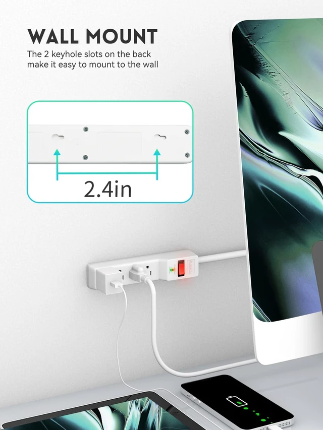 Alt view image 6 of 7 - Power Strip Surge Protector 6FT 6 Outlets, 980 Joules, Flat Plug Extension Cord with Multiple Outlets, ETL Listed, 14AWG Heavy Duty, Wall Mountable, White