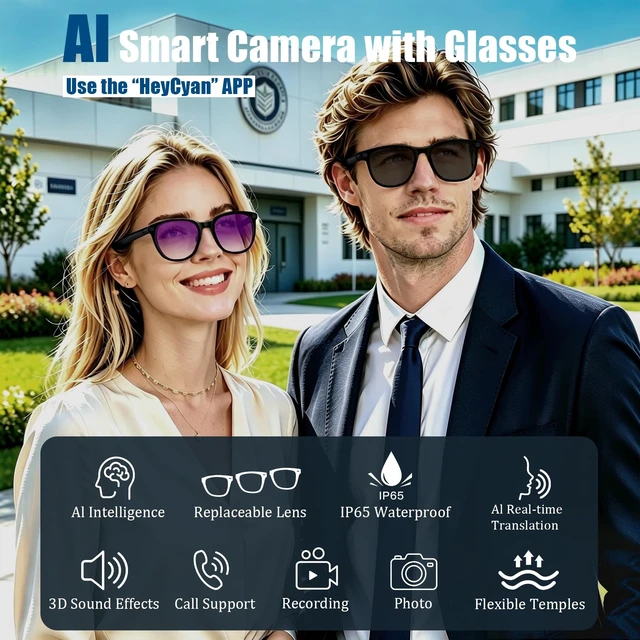 Alt view image 2 of 7 - AI Smart Glasses with Camera,8MP Camera Glasses,4K HD Video Recording Glasses with AI Assistant,IP65 Waterproof Bluetooth,Replaceable Sunglasses with Photochromic Lens (Eyeglass frame width 51mm)