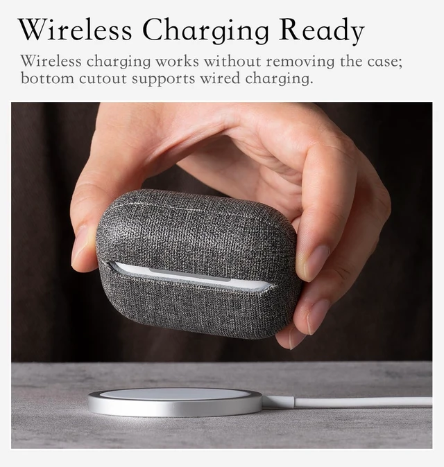 Alt view image 5 of 6 - Envelop Series -Hard Case for AirPods Pro 3rd Generation - Gray Hand-crafted Case Fully Wrapped in Faux Leather; Canvas Finish; Soft Microfiber Inner Lining; Qi wireless charging