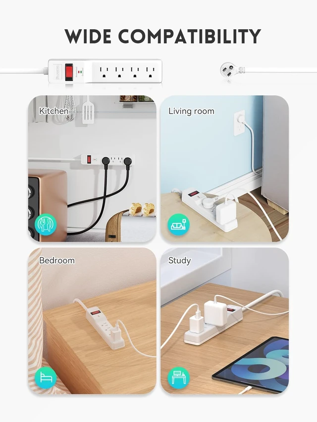 Alt view image 7 of 7 - Power Strip Surge Protector 6FT 6 Outlets, 980 Joules, Flat Plug Extension Cord with Multiple Outlets, ETL Listed, 14AWG Heavy Duty, Wall Mountable, White