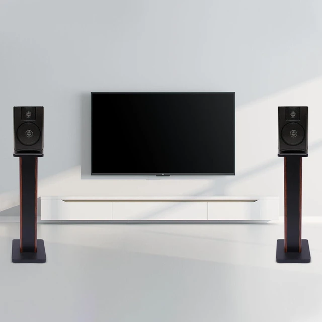 Alt view image 2 of 7 - 1 Pair Universal Wood Speaker Stands, Premium Surround Sound Home Theater Audio Stands, Bookshelf Speakers or Studio Monitors Stands (28" - Yellow Sandalwood)