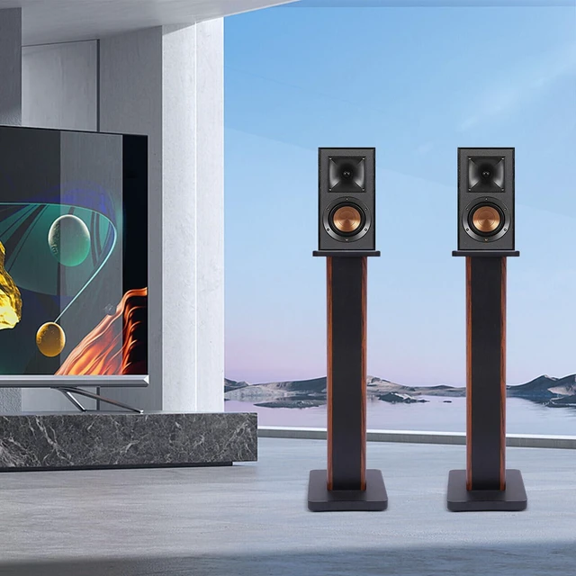 Alt view image 3 of 7 - 1 Pair Universal Wood Speaker Stands, Premium Surround Sound Home Theater Audio Stands, Bookshelf Speakers or Studio Monitors Stands (28" - Yellow Sandalwood)