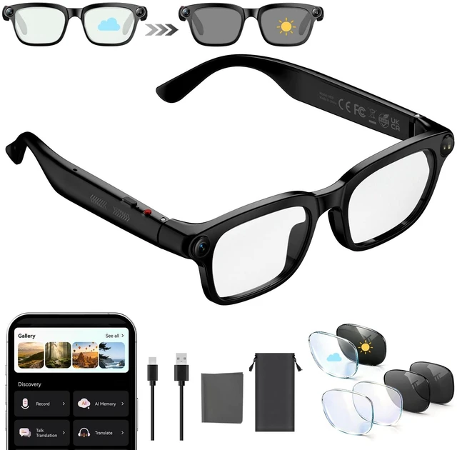 Main image of AI Smart Glasses with Camera,8MP Camera Glasses,4K HD Video Recording Glasses with AI Assistant,IP65 Waterproof Bluetooth,Replaceable Sunglasses with Photochromic Lens (Eyeglass frame width 39mm)