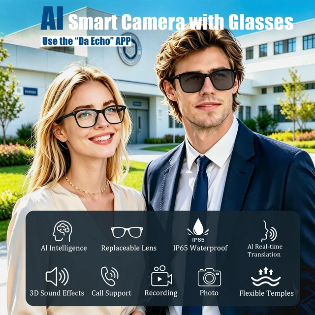 Alt view image 2 of 7 - AI Smart Glasses with Camera,8MP Camera Glasses,4K HD Video Recording Glasses with AI Assistant,IP65 Waterproof Bluetooth,Replaceable Sunglasses with Photochromic Lens (Eyeglass frame width 39mm)