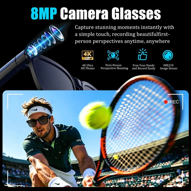 Alt view image 4 of 7 - AI Smart Glasses with Camera,8MP Camera Glasses,4K HD Video Recording Glasses with AI Assistant,IP65 Waterproof Bluetooth,Replaceable Sunglasses with Photochromic Lens (Eyeglass frame width 39mm)