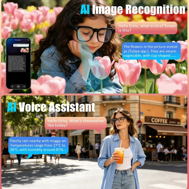 Alt view image 5 of 7 - AI Smart Glasses with Camera,8MP Camera Glasses,4K HD Video Recording Glasses with AI Assistant,IP65 Waterproof Bluetooth,Replaceable Sunglasses with Photochromic Lens (Eyeglass frame width 39mm)