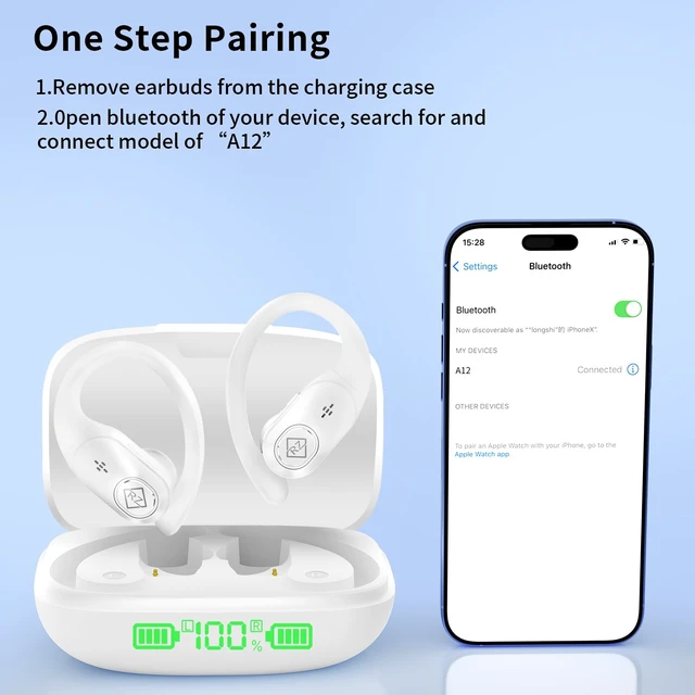 Alt view image 6 of 7 - Wireless Earbuds with Ear Hooks 96H Playtime for iPhone Android LED Display Deep Bass Stereo Sound Built in Mic Sweat Resistant Design Low Latency Mode for Sports Gaming