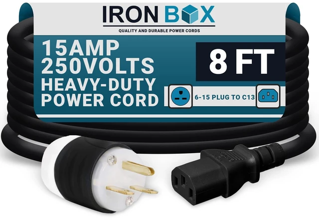 Main image of IronBox Electric NEMA 6-15 Plug to C13 Connector Power Cords - 15A/250V - 14/3 AWG - Power Supply Replacement Cable - UL Listed Heavy Duty Cord for Monitor, Computer, TV & More (8 ft, Build)