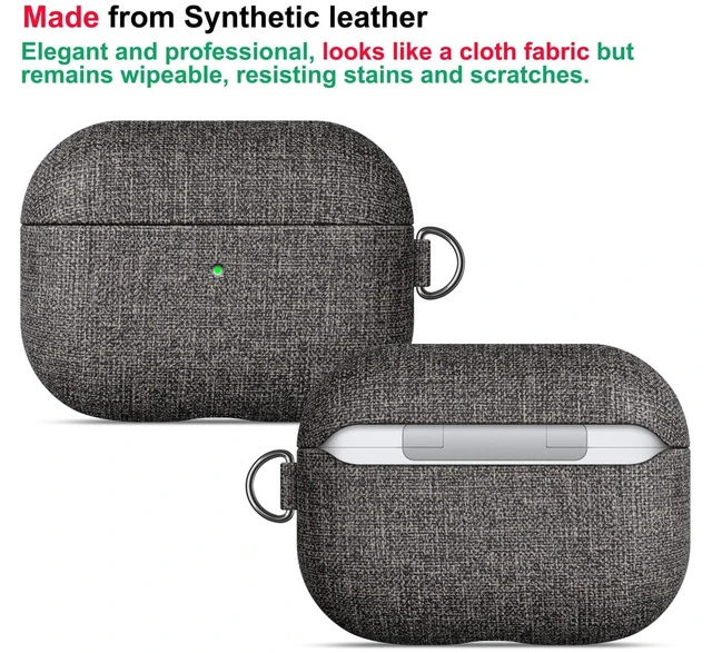 Alt view image 2 of 7 - Case for AirPods Pro 2 - Canvas Style PU Leather - Gray Handmade Protective Hard Shell Cover - Vegan Leather & PC Dual Layer Protection - AirPods Pro 2nd Generation Case with Clip