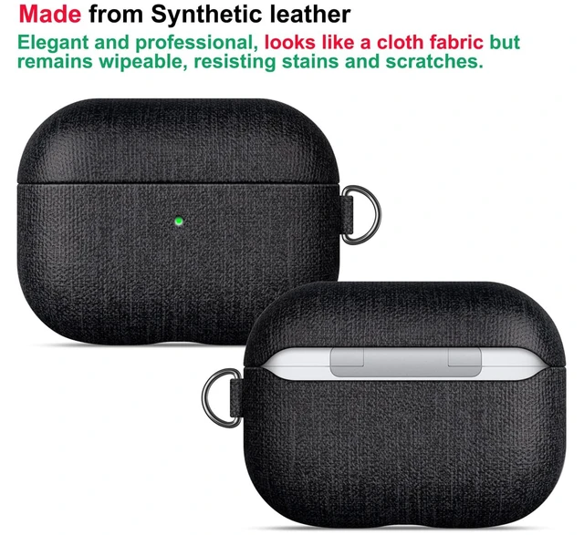 Alt view image 2 of 7 - Case for AirPods Pro 2 - Canvas Style PU Leather - Black Handmade Protective Hard Shell Cover - Vegan Leather & PC Dual Layer Protection - AirPods Pro 2nd Generation Case with Clip