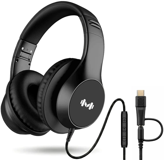 Main image of Wired Over-Ear Headphones, Mic, 3.5mm Jack, USB-C Adapter, Black Foldable over-ear headphones with soft cushions, inline mic, 3.5mm jack, and USB-C adapter for school, office, and travel