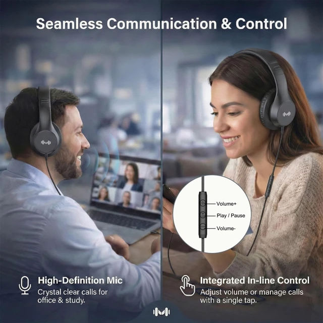 Alt view image 2 of 7 - Wired Over-Ear Headphones, Mic, 3.5mm Jack, USB-C Adapter, Black Foldable over-ear headphones with soft cushions, inline mic, 3.5mm jack, and USB-C adapter for school, office, and travel