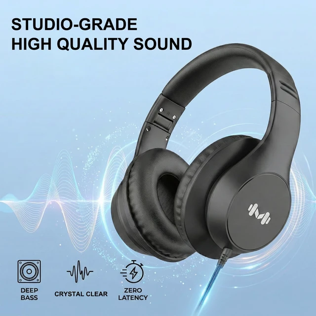 Alt view image 4 of 7 - Wired Over-Ear Headphones, Mic, 3.5mm Jack, USB-C Adapter, Black Foldable over-ear headphones with soft cushions, inline mic, 3.5mm jack, and USB-C adapter for school, office, and travel