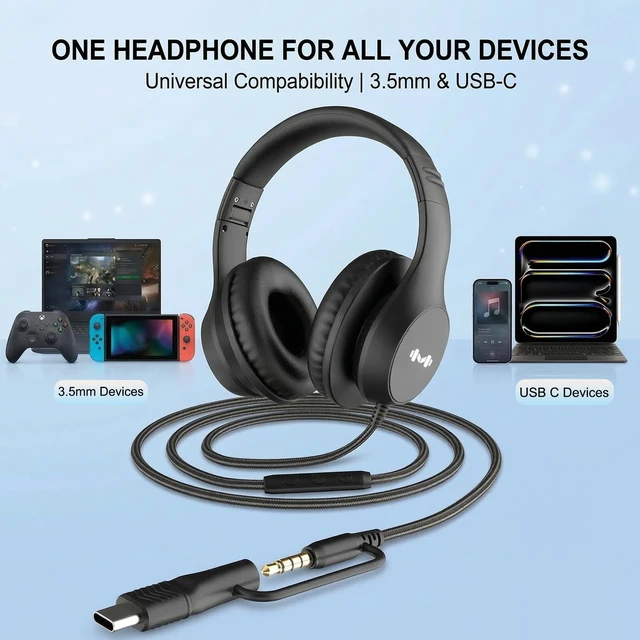 Alt view image 5 of 7 - Wired Over-Ear Headphones, Mic, 3.5mm Jack, USB-C Adapter, Black Foldable over-ear headphones with soft cushions, inline mic, 3.5mm jack, and USB-C adapter for school, office, and travel