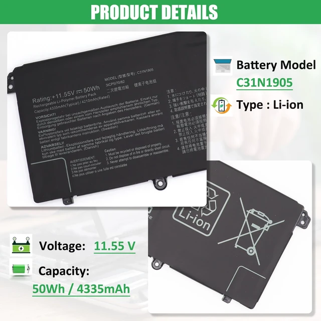 Alt view image 2 of 7 - C31N1905 Battery Replacement for Asus VivoBook S13 S330FA S330UA For S333EA S333JA S14 M433IA S433EA S433IA S15 D533IA S513EA M533IA S532FA S533EA S533FL S533EQ S533IA Series, 11.55V 50Wh