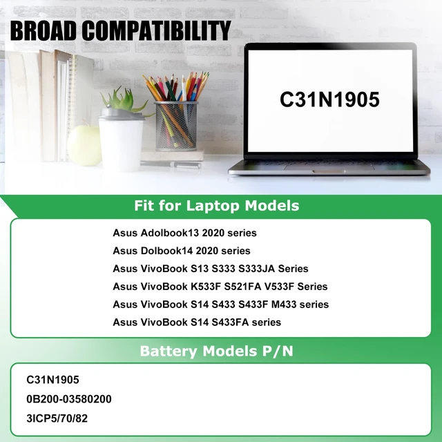Alt view image 3 of 7 - C31N1905 Battery Replacement for Asus VivoBook S13 S330FA S330UA For S333EA S333JA S14 M433IA S433EA S433IA S15 D533IA S513EA M533IA S532FA S533EA S533FL S533EQ S533IA Series, 11.55V 50Wh
