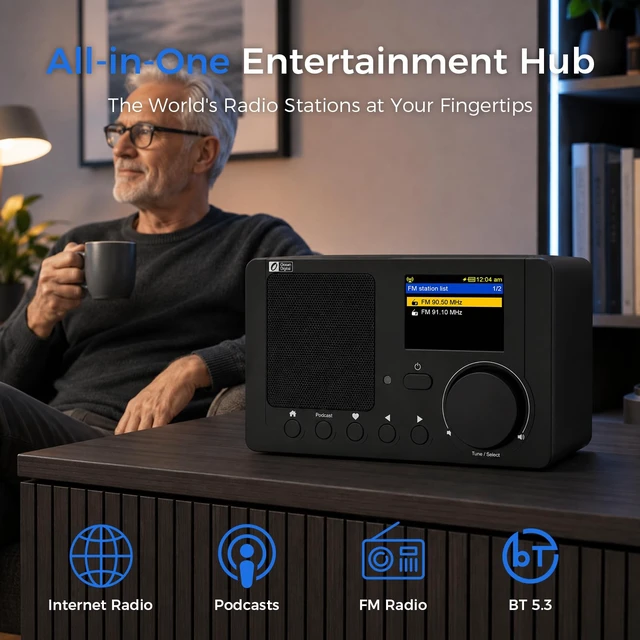 Alt view image 2 of 7 - Ocean Digital WR-210N Portable Internet Radio with FM Podcast 2.4 Color LCD Built-in Battery Bluetooth UPnP & DLNA Player Sleep Timer Dual Alarm Clock Black