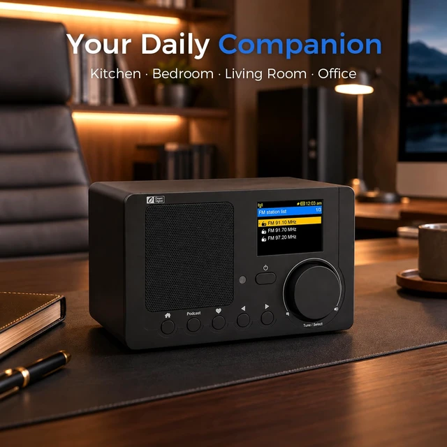 Alt view image 3 of 7 - Ocean Digital WR-210N Portable Internet Radio with FM Podcast 2.4 Color LCD Built-in Battery Bluetooth UPnP & DLNA Player Sleep Timer Dual Alarm Clock Black